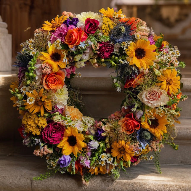 Trauerkranz mit Sonnenblumen Rosen und saisonalen Blumen für Beerdigung und Trauerfeier in Zürich online bestellen
