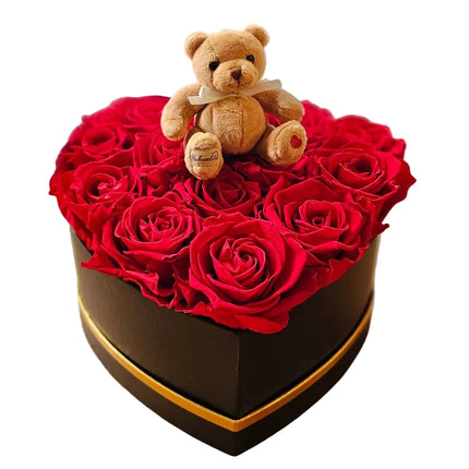 Herzrosenbox mit stabilisierten Rosen und Teddybär in verschiedenen Farben und Grössen online kaufen