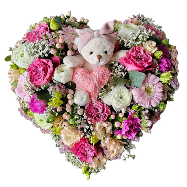 Blumenherz mit rosa und weissen Rosen und Teddybär online bestellen in Zürich