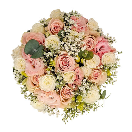 Rosenbox mit rosa und weissen Rosen Lisianthus Schleierkraut und Eukalyptus in Zürich bestellen
