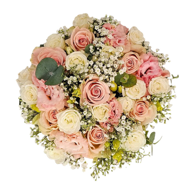 Rosenbox mit rosa und weissen Rosen Lisianthus Schleierkraut und Eukalyptus in Zürich bestellen
