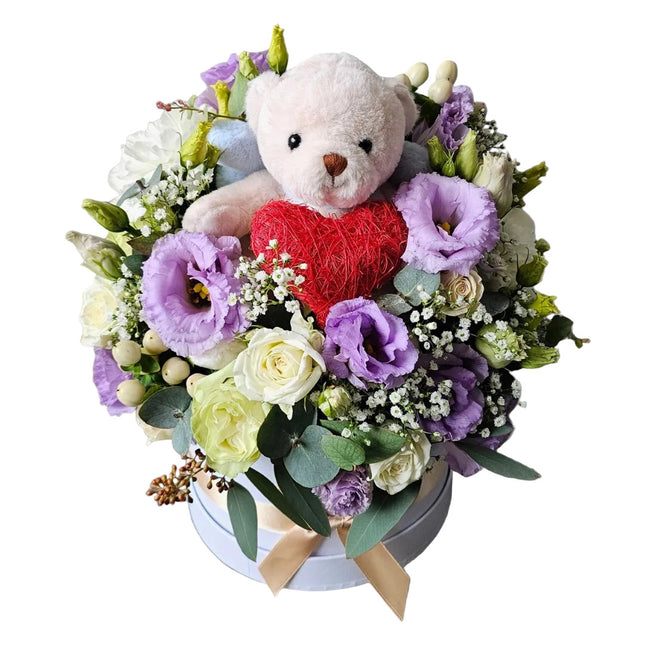 Blumenbox mit Teddybär und rotem Herz in Zürich kaufen zur Geburt oder Valentinstag