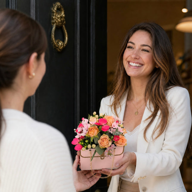 Rosa Blütentasche mit Rosen und pastellfarbenen Saisonblumen liefern lassen Zürich