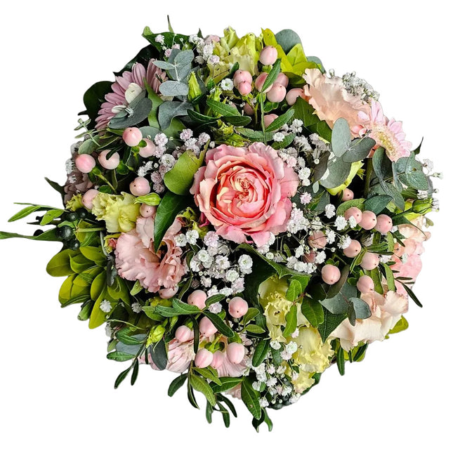 Zarter rosa Blumenkorb mit Rose Schleierkraut und frischem Grün Zürich online kaufen