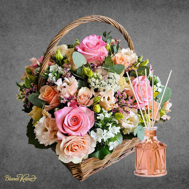 Blumenkorb mit rosa Rosen kaufen Zürich Muttertag Geschenk Lieferung mit Raumduft