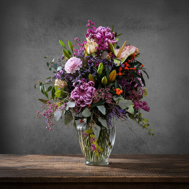 Saisonaler Blumenstrauss in Rosa und Violett mit Chrysanthemen und Lilien aus Zürich online bestellen