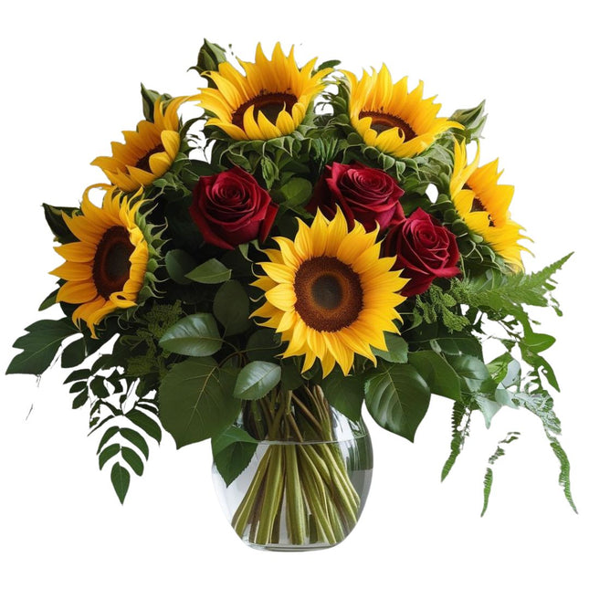 Blütenpoesie Blumenstrauss mit roten Rosen und Sonnenblumen online bestellen in Zürich mit frischer Blumenlieferung