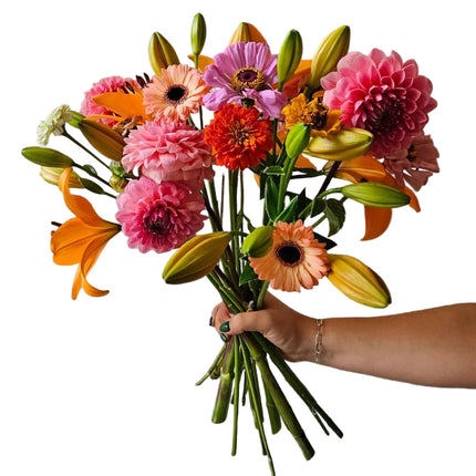 Bunte Sommergrüsse Blumenstrauss mit Lilien, Germini und Dahlien – farbenfrohe Sommerblumen in Zürich