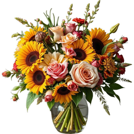 Farbenfroher Tag Blumenstrauss mit Rosen und Sonnenblumen online bestellen in Zürich mit frischer Blumenlieferung