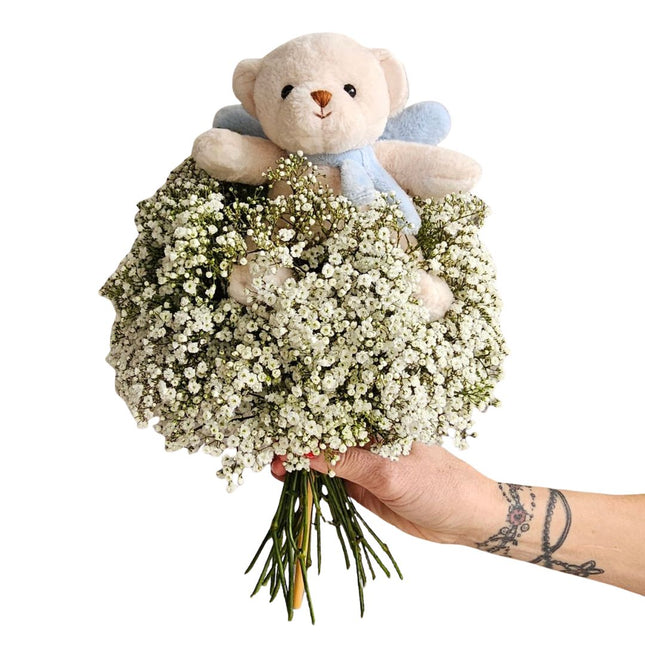 Geburtsstrauss mit Teddy in Blau kaufen Zürich Blumenlieferung zur Geburt Junge