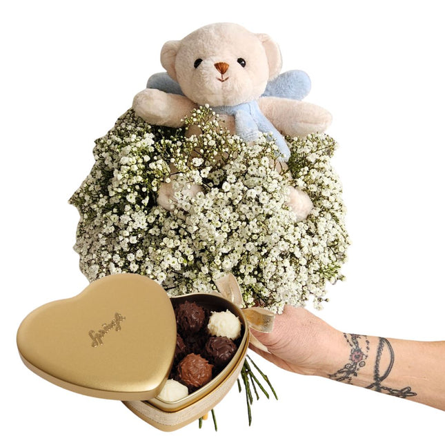 Geburtsstrauss mit Teddy in Blau online kaufen Zürich Blumenlieferung zur Geburt Jungen