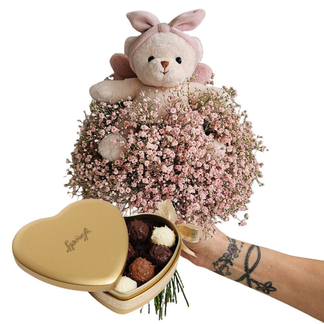Geburtsstrauss mit Teddy in Rosa online kaufen Zürich Blumenlieferung zur Geburt Mädchen mit Schoggi