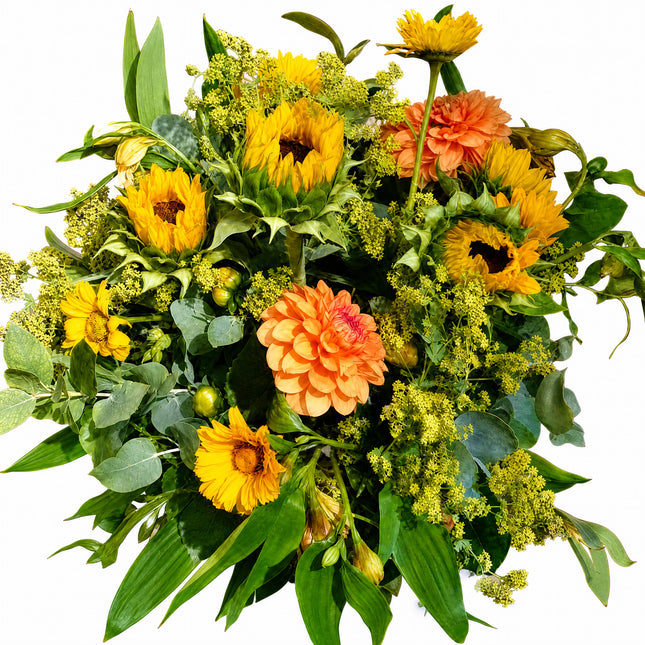 Happy Day Blumenstrauss mit gelben und orangen saisonalen Blumen