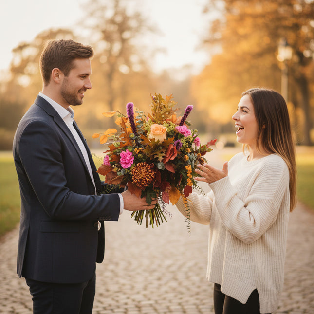 Herbst Winter Strauss mit Rosen Nelken Chrysanthemen saisonalen Blueten und Blaettern in Natur Braun Orange Lila Toenen online bestellen Zürich
