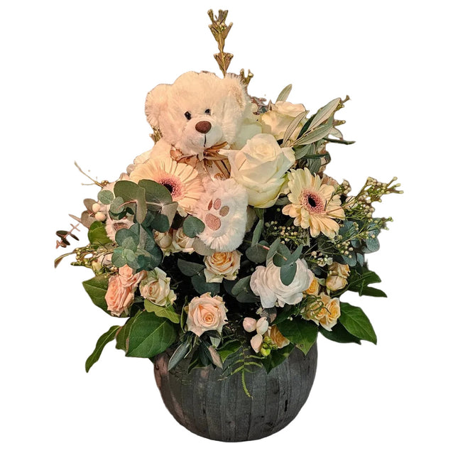 Saisonaler Blumenstrauss mit Teddy in Crème oder Braun Geschenk für Mami und Baby