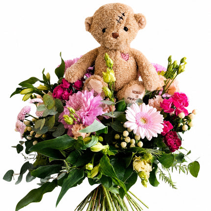 Blumenstrauss mit saisonalen Blumen und Bär mit der Botschaft Nobody is perfect