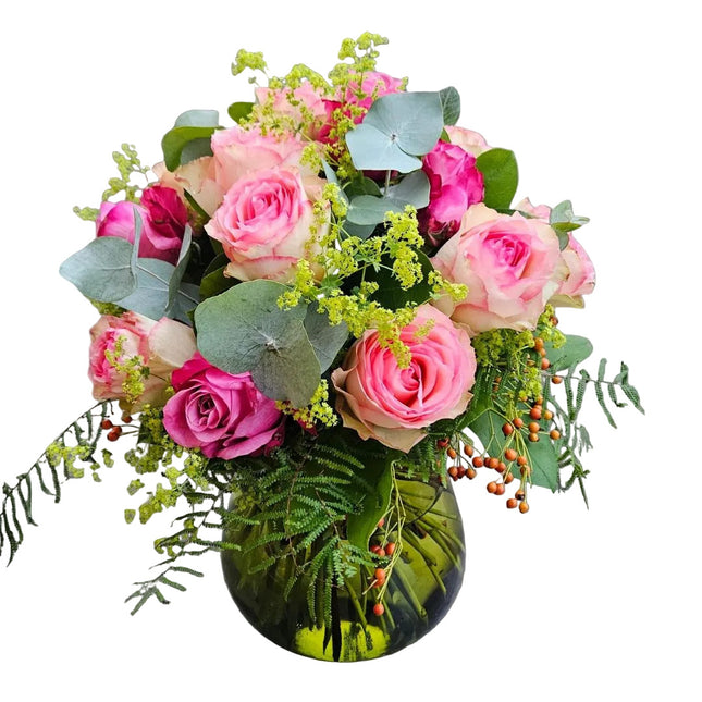 Herbstlicher Blumenstrauss mit pinken Rosen und Eukalyptus online bestellen mit Lieferung in Zürich