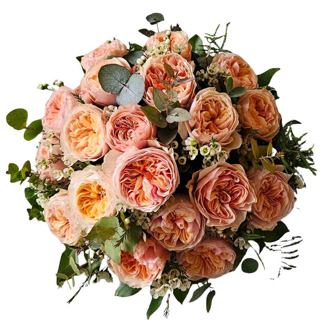 Rosenstrauss apricot mit edlen Gartenrosen und Eukalyptus kaufen