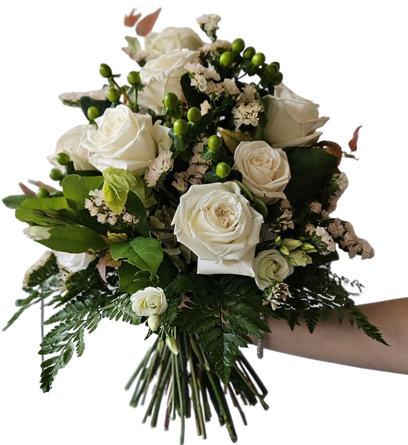 Blumenstrauss mit weissen Rosen und saisonalen Blüten frisch aus Zürich online bestellen