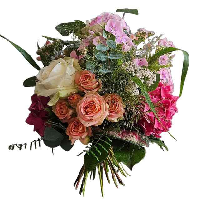 Blumenstrauss mit Rosen Hortensien Alstroemerien und Eukalyptus in Rosa und Creme online bestellen in Zürich