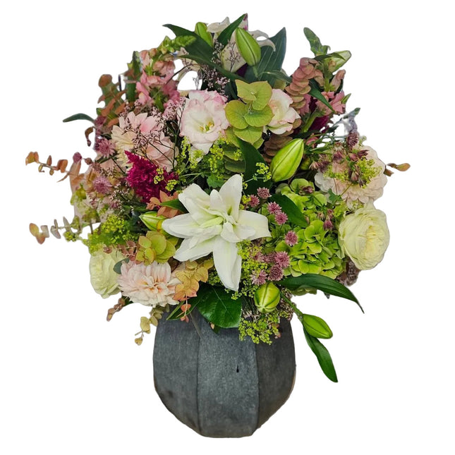 Strahlende Grüsse Herbststrauss mit Lilien, Hortensien, Dahlien, Lisianthus und Eukalyptus – Blumenlieferung Zürich