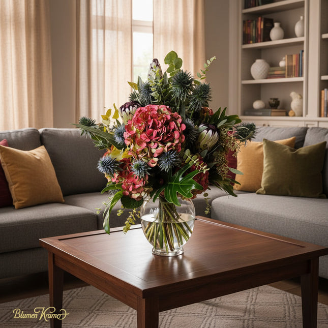 Exklusiver Blumenstrauss mit Hortensien, Disteln, Protea und Eukalyptus aus dem Blumenladen Zürich online bestellen