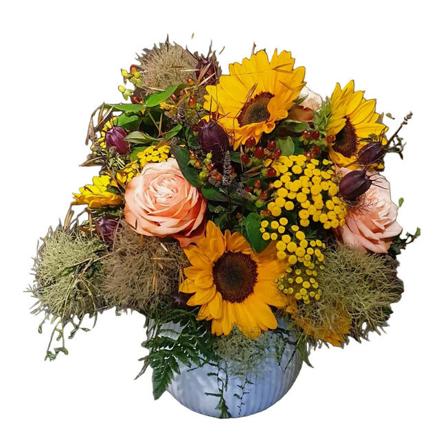 Bright Week Blumenstrauss mit leuchtenden Sonnenblumen – handgebundenes Bouquet online bestellen in Zürich