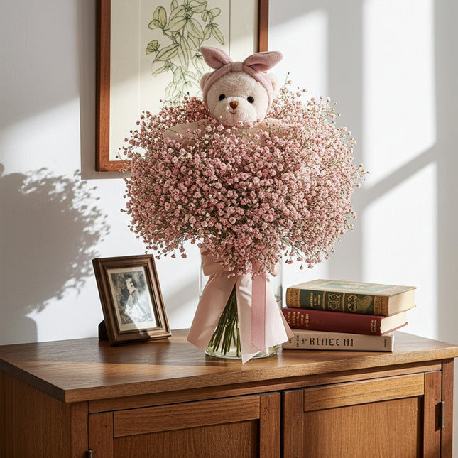 Geburtsstrauss mit Teddy in Rosa Blumenlieferung Zürich zur Geburt Mädchen 