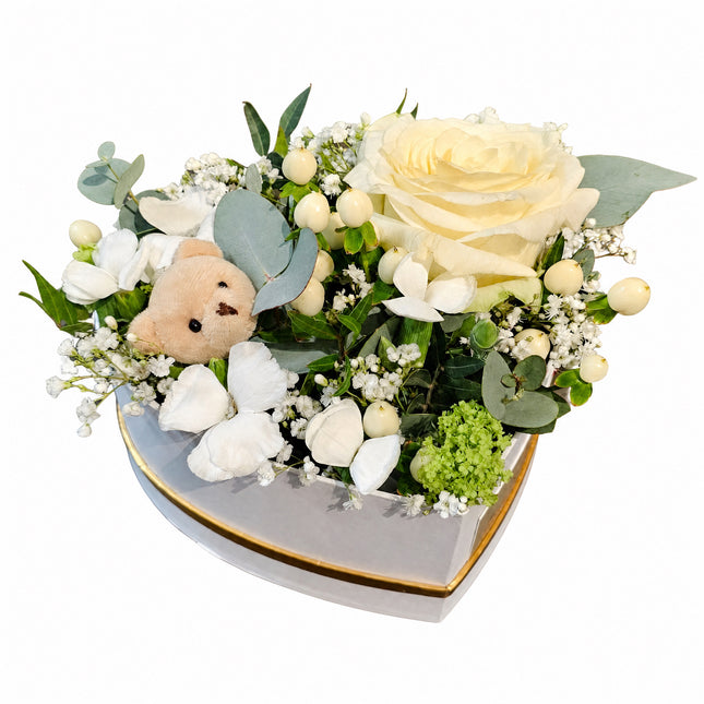 Herzbox Teddy mit frischen Blumen und Teddykopf online kaufen Geschenk Zürich