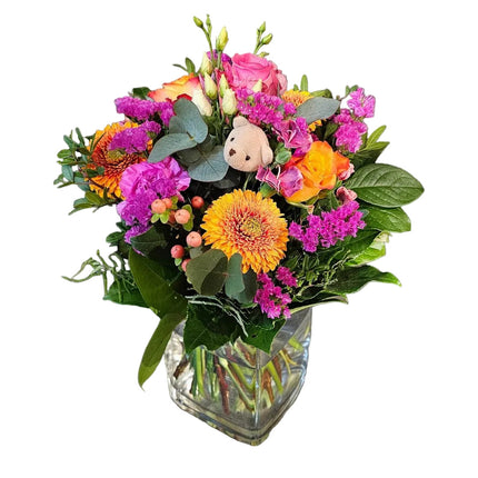Lovely Teddy Blumenstrauss mit Rosen Nelken Germini und Lisianthus online bestellen