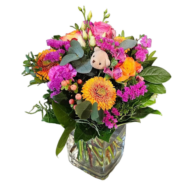 Lovely Teddy Blumenstrauss mit Rosen Nelken Germini und Lisianthus online bestellen