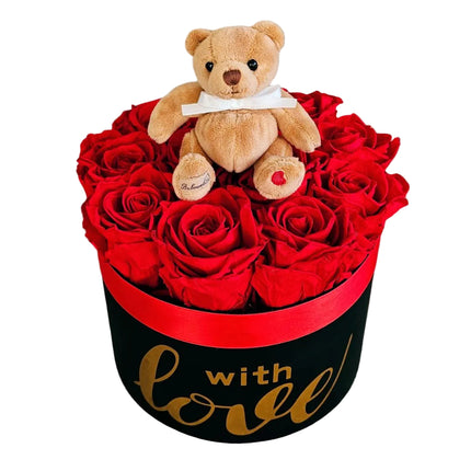 Rote Rosenbox mit Teddybär als romantisches Geschenk Blumen online kaufen in Zürich