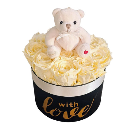 Crème Rosenbox mit Teddybär als romantisches Geschenk Blumen online kaufen in Zürich