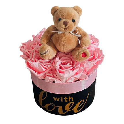 Rosa Rosenbox mit Teddybär als romantisches Geschenk Blumen online kaufen in Zürich