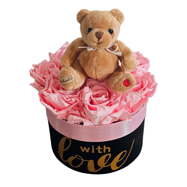 Rosa Rosenbox mit Teddybär als romantisches Geschenk Blumen online kaufen in Zürich