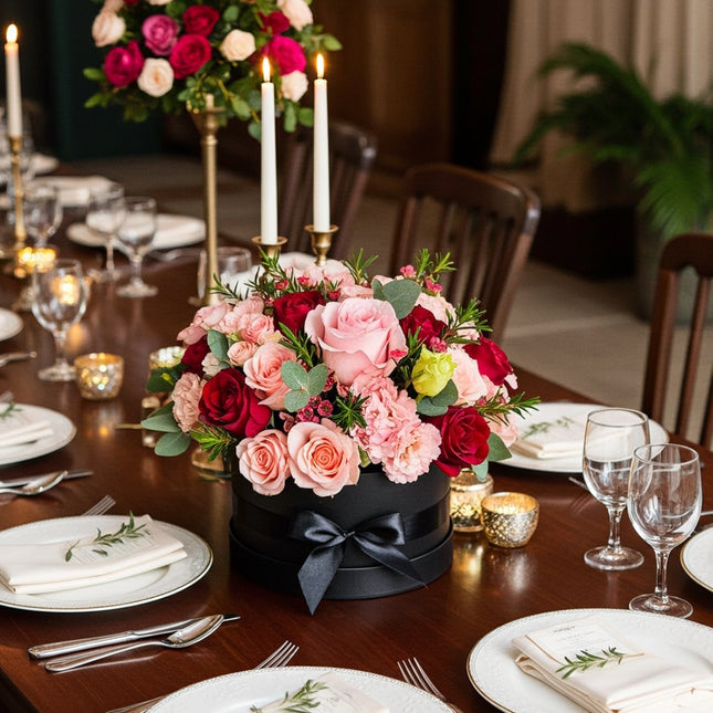 Luxuriöse Rosenbox mit frischen roten und rosafarbenen Rosen in Zürich als Tischdeko