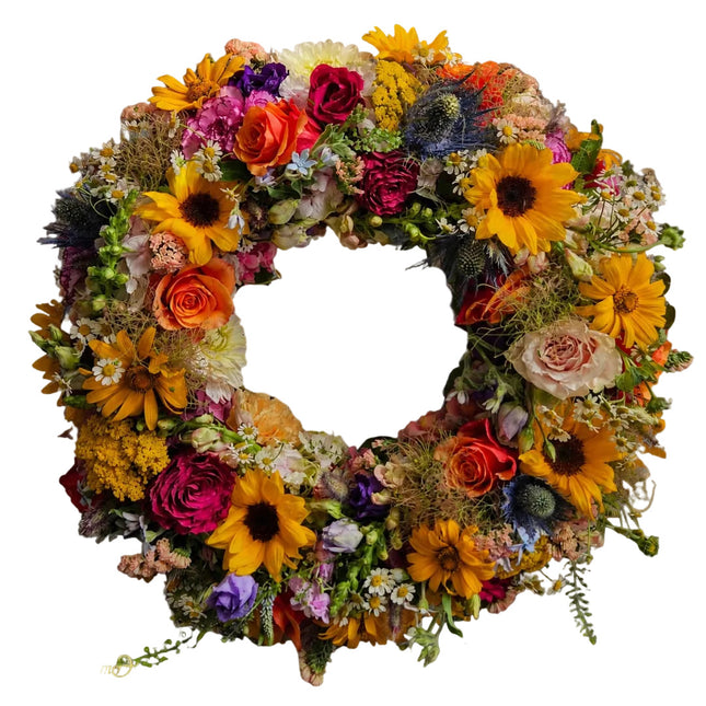 Trauerkranz mit Sonnenblumen Rosen und saisonalen Blumen für Beerdigung und Trauerfeier in Zürich online bestellen