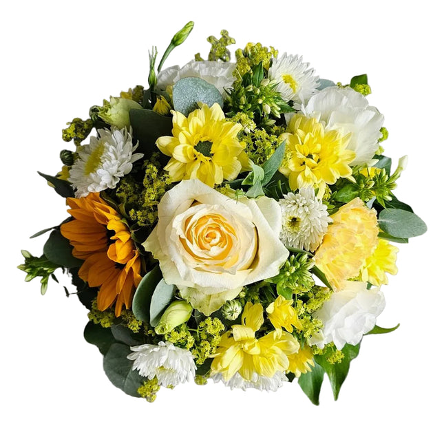 Blumenkorb mit Chrysanthemen, Rosen und Sonnenblume in warmen Herbstfarben – ideal als Geschenk oder Tischdeko