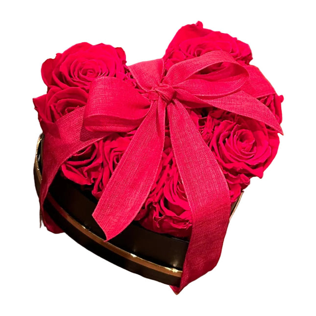 Herzrosenbox mit stabilisierten Rosen in verschiedenen Farben und Grössen
