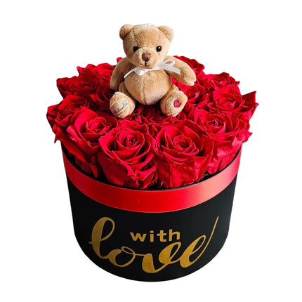 Rote Rosenbox mit Teddybär als romantisches Geschenk Blumen Lieferung Zürich