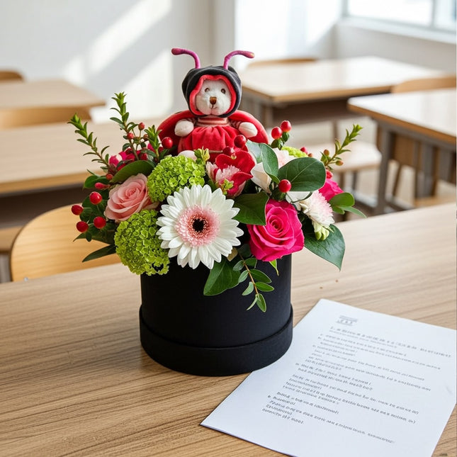 Blumenbox mit rosa Rosen, pink Gerbera, Hypericum und Marienkäfer Bär, Geschenk zur Geburt oder Glückwünsche Zürich