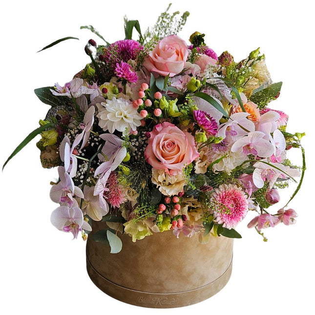 Blumenbox mit saisonalen Rosen, Orchideen und frischen Blumen in Rosa und Creme online bestellen mit Lieferung in Zürich und Umgebung.