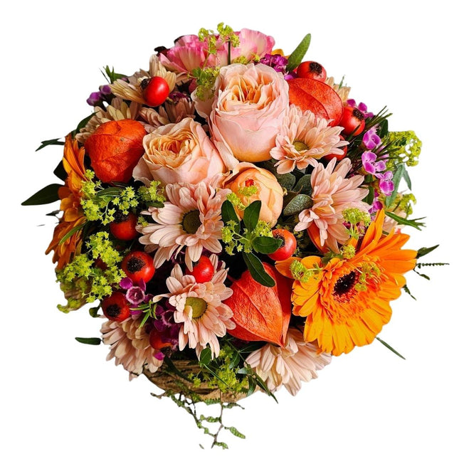 Blumenkörbli mit bunten Herbstblumen in Orange, Rot und Lachs