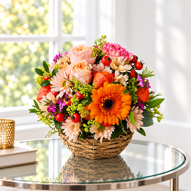 Blumenkörbli mit bunten Herbstblumen in Orange, Rot und Lachs