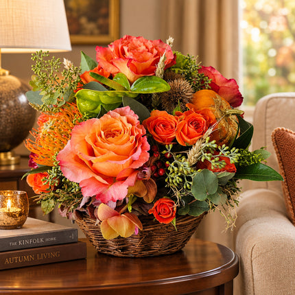 Herbstblumenkorb in Orange und Grün mit Rosen, Anthurien und Zierkürbis