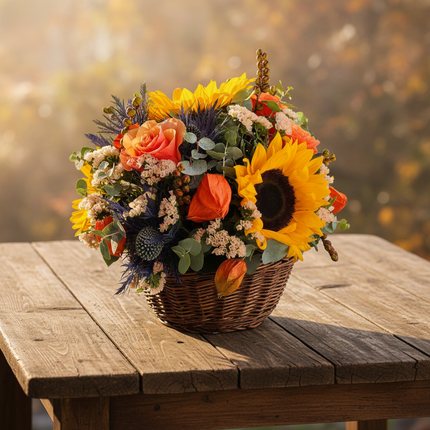 Herbstlicher Blumenkorb mit Sonnenblumen, Rosen, Disteln und Lampionblumen