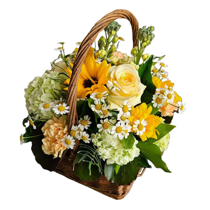 Blumenkorb Sunny Sonnenschein mit Sonnenblumen, Kamille, Viburnum und saisonalen Blumen handverlesen – Blumenstrauss Zürich Geschenk online bestellen