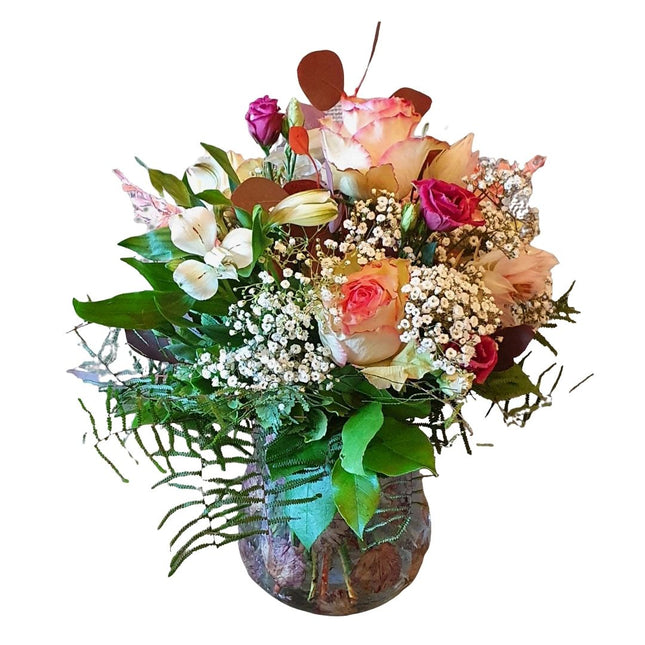 Autumn Romantic Blumenstrauss mit Rosen, Schleierkraut und herbstlichen Blättern