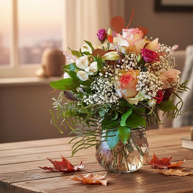 Autumn Romantic Blumenstrauss mit Rosen, Schleierkraut und herbstlichen Blättern