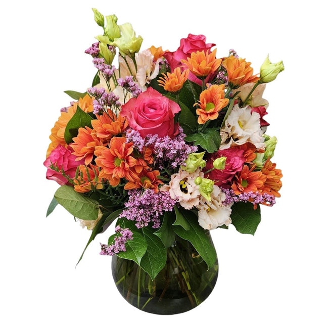 Farbenfroher Herbststrauss mit Chrysanthemen, Rosen und Lisianthus